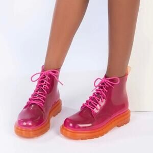 Melissa Coturno Clear Pink/Orange Lace-Up Jelly Muck Combat Boots Size 37/6-6.5
